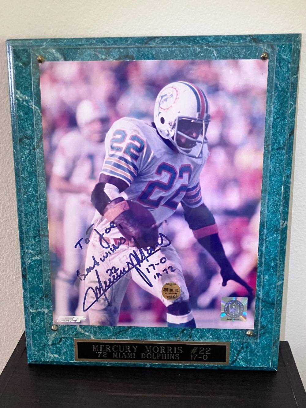 Mercury Morris Autographed Miami Dolphins Officially Licensed NFL Picture/Plaque